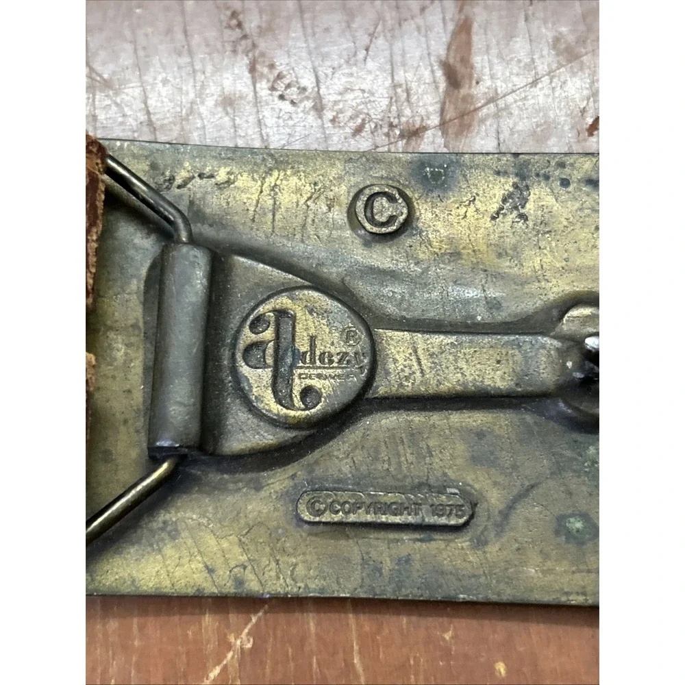 Vintage Adezy Solid Brass Colorado Belt Buckle 1975 Hand Tooled Leather Belt 34